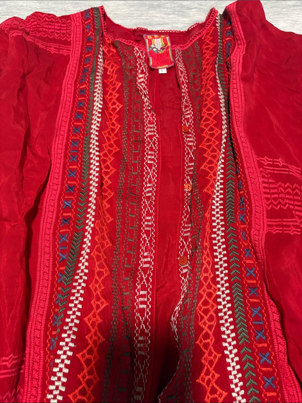Johnny Was Red Embroidered Boho Blouse
